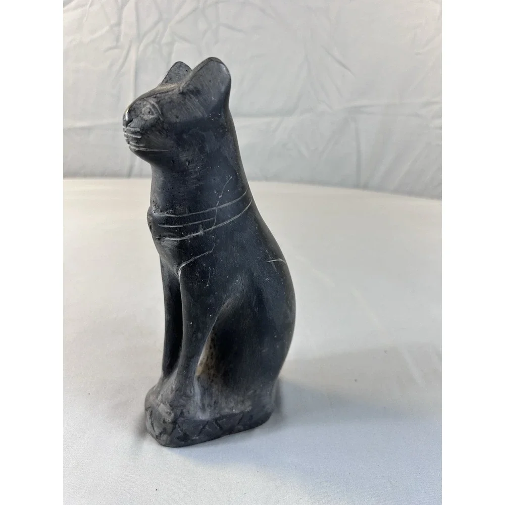 Vintage Hand Carved Soapstone Cat Figurine Black Stone‎ Statue 7